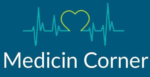 logo medicin corner blue background heart in pulse chart